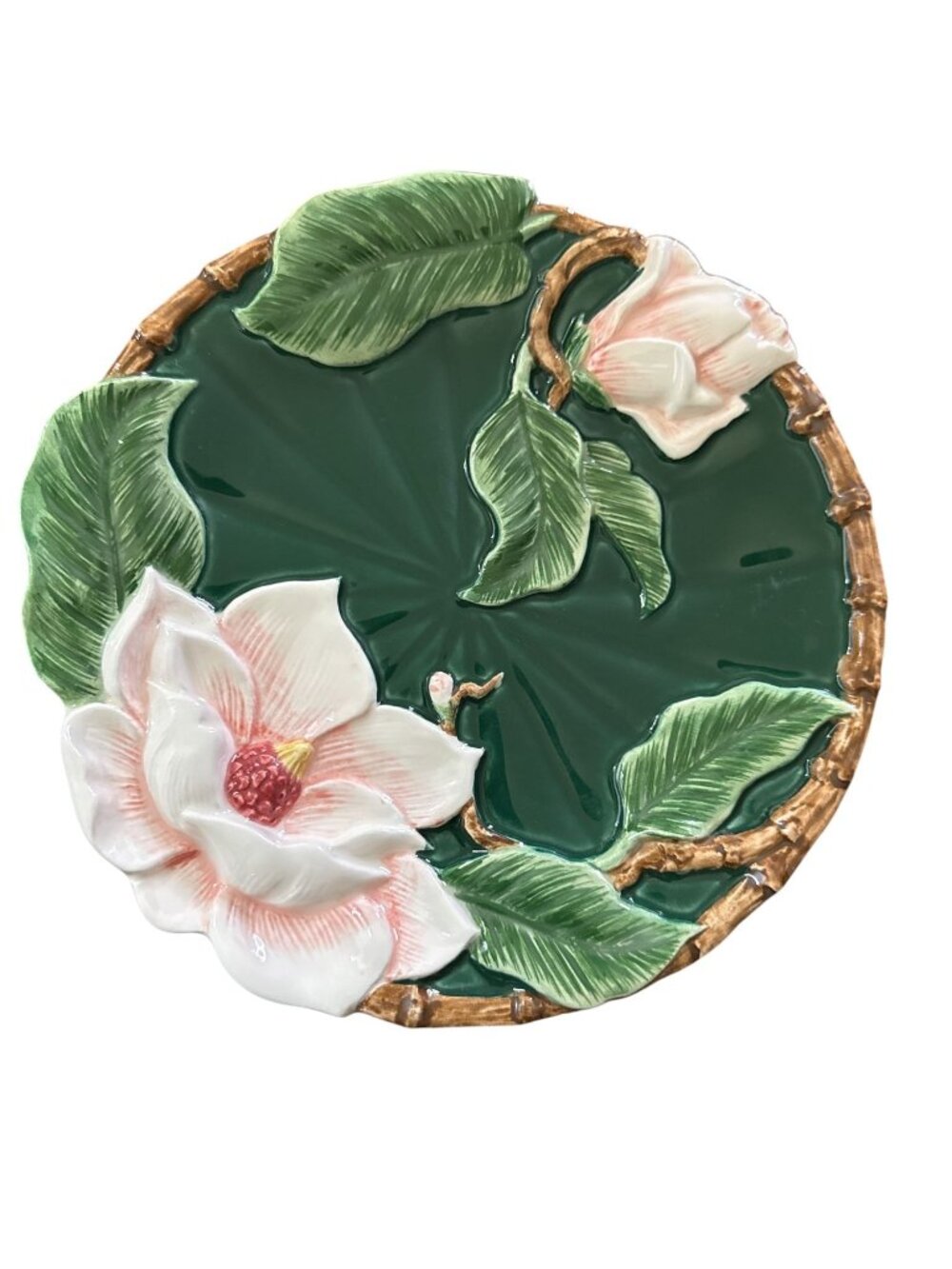 Vintage 1995 Fitz & Floyd 3-D Magnolia Bamboo Style Rim Decorate Plate 8.5"